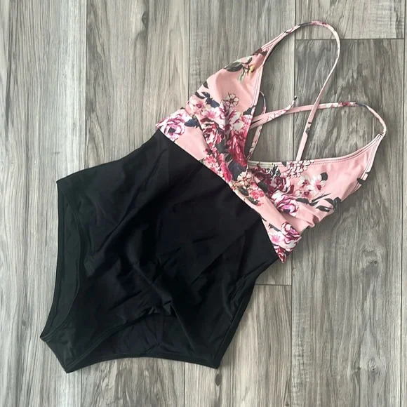 Black and Pink Floral One Piece Swimsuit - Picture 1 of 4